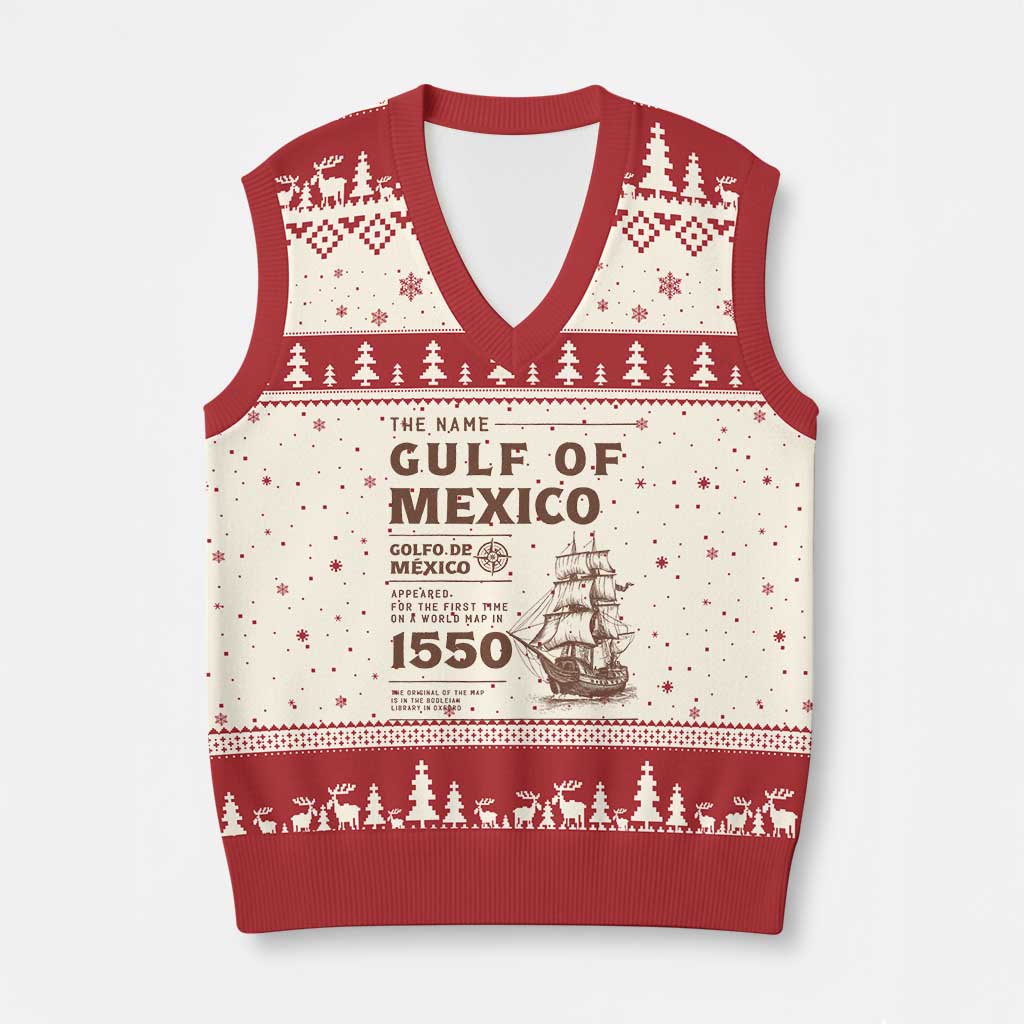 Gulf of Mexico Name Origin 1550 V-Neck Knit Sweater Vest Sailing Ship Retro Vintage - Wonder Print Shop