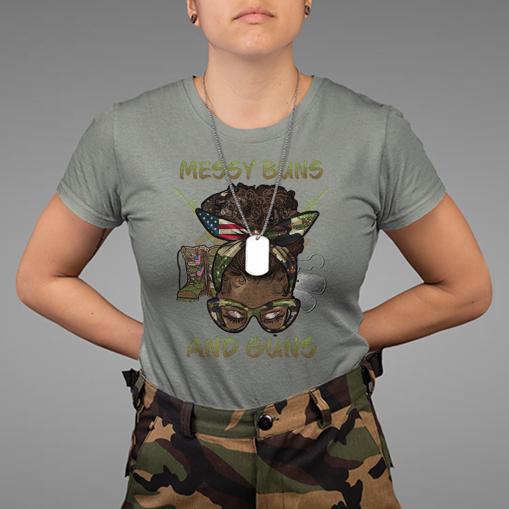 Messy Buns And Guns American Patriotic T-Shirt for Female Veteran, Woman Veteran Shirt, DD214 Shirt, Patriotic Shirt, US Military Shirt T Shirt - Wonder Print Shop