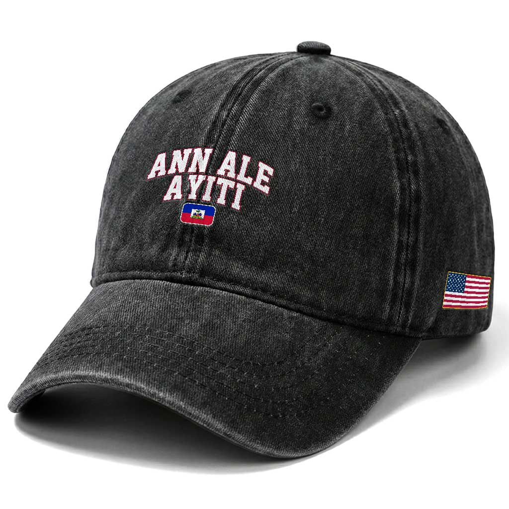 Ann Ale Ayiti Collegiate Athletic Sport Style Washed Cotton Baseball Cap Let's Go Haiti Haitian Flag and Coat of Arms Pride