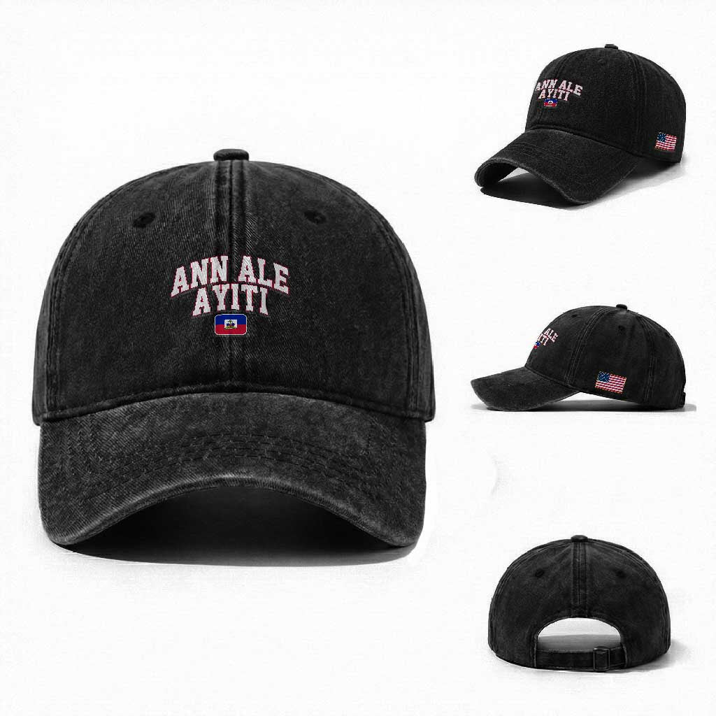 Ann Ale Ayiti Collegiate Athletic Sport Style Washed Cotton Baseball Cap Let's Go Haiti Haitian Flag and Coat of Arms Pride