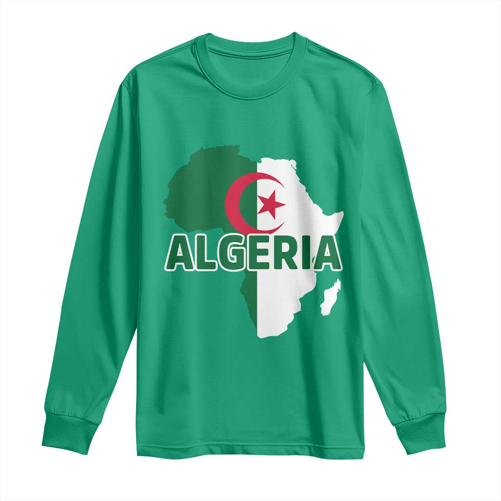 Algeria Algerian Pride Map of Africa Heritage Graphic Long Sleeve Shirt Patriotic North African Roots National Flag