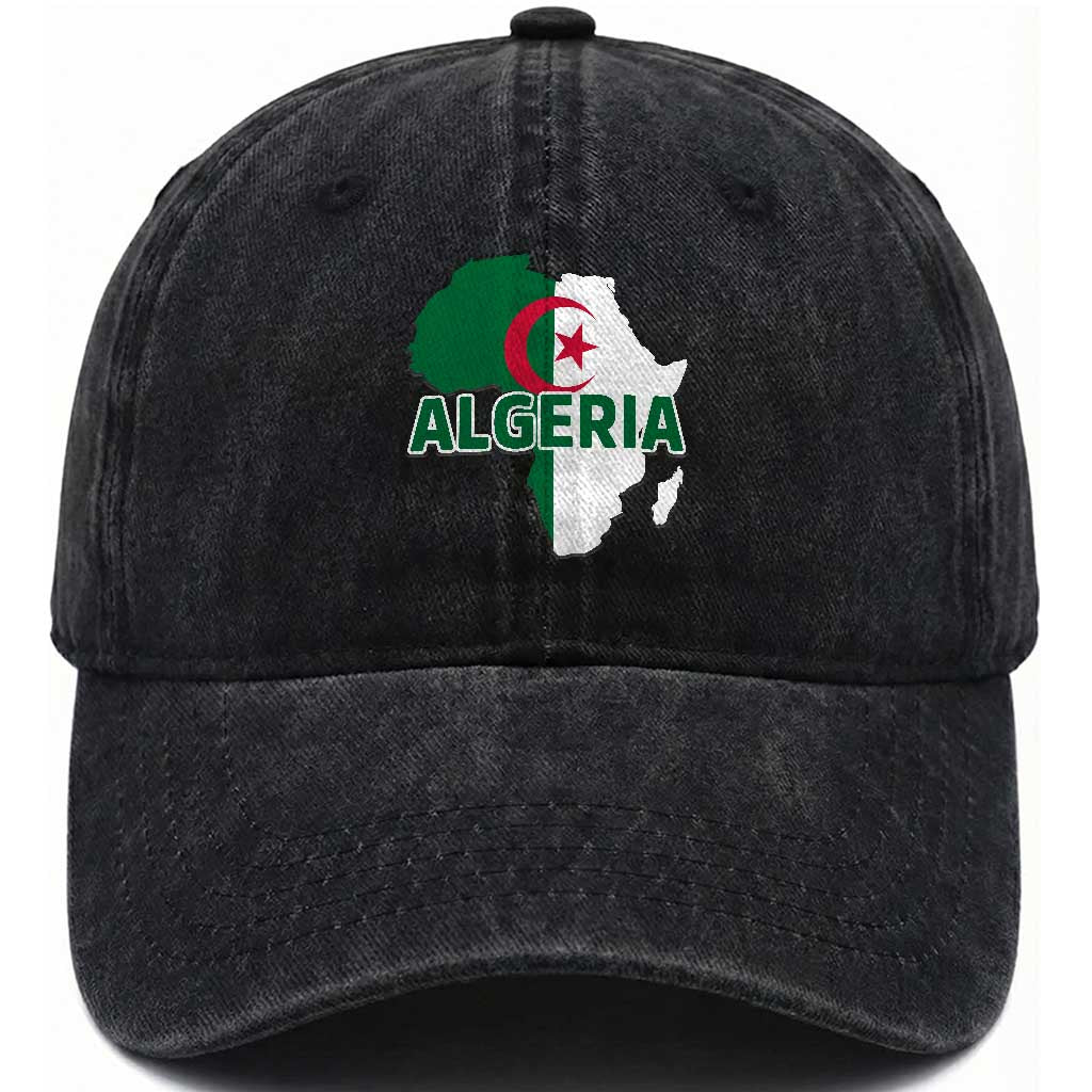 Algeria Algerian Pride Map of Africa Heritage Graphic Washed Cotton Baseball Cap Patriotic North African Roots National Flag