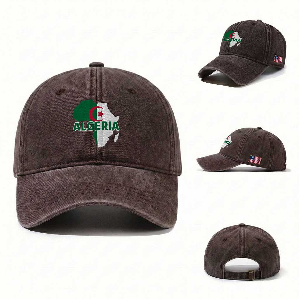 Algeria Algerian Pride Map of Africa Heritage Graphic Washed Cotton Baseball Cap Patriotic North African Roots National Flag