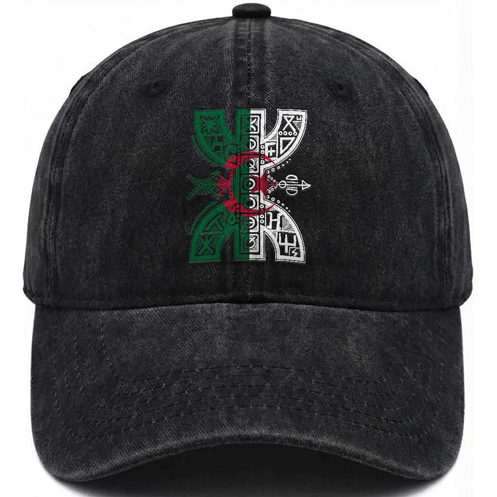 Algeria Amazigh Berber Yaz Symbol Algerian Flag Heritage Graphic Washed Cotton Baseball Cap Traditional North African Tribal Culture Art