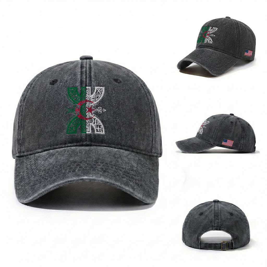 Algeria Amazigh Berber Yaz Symbol Algerian Flag Heritage Graphic Washed Cotton Baseball Cap Traditional North African Tribal Culture Art