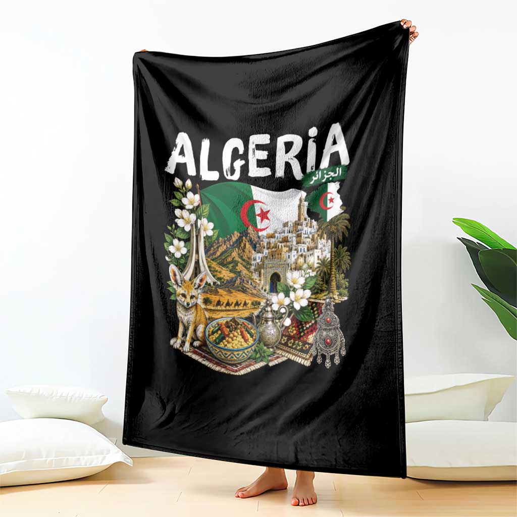 Algeria Algerian Culture and Landmarks Collage Graphic Throw Blanket Proud Fennec Fox Heritage and Arabic Calligraphy