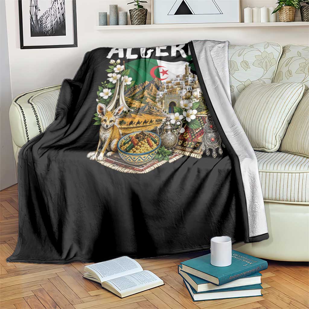 Algeria Algerian Culture and Landmarks Collage Graphic Throw Blanket Proud Fennec Fox Heritage and Arabic Calligraphy