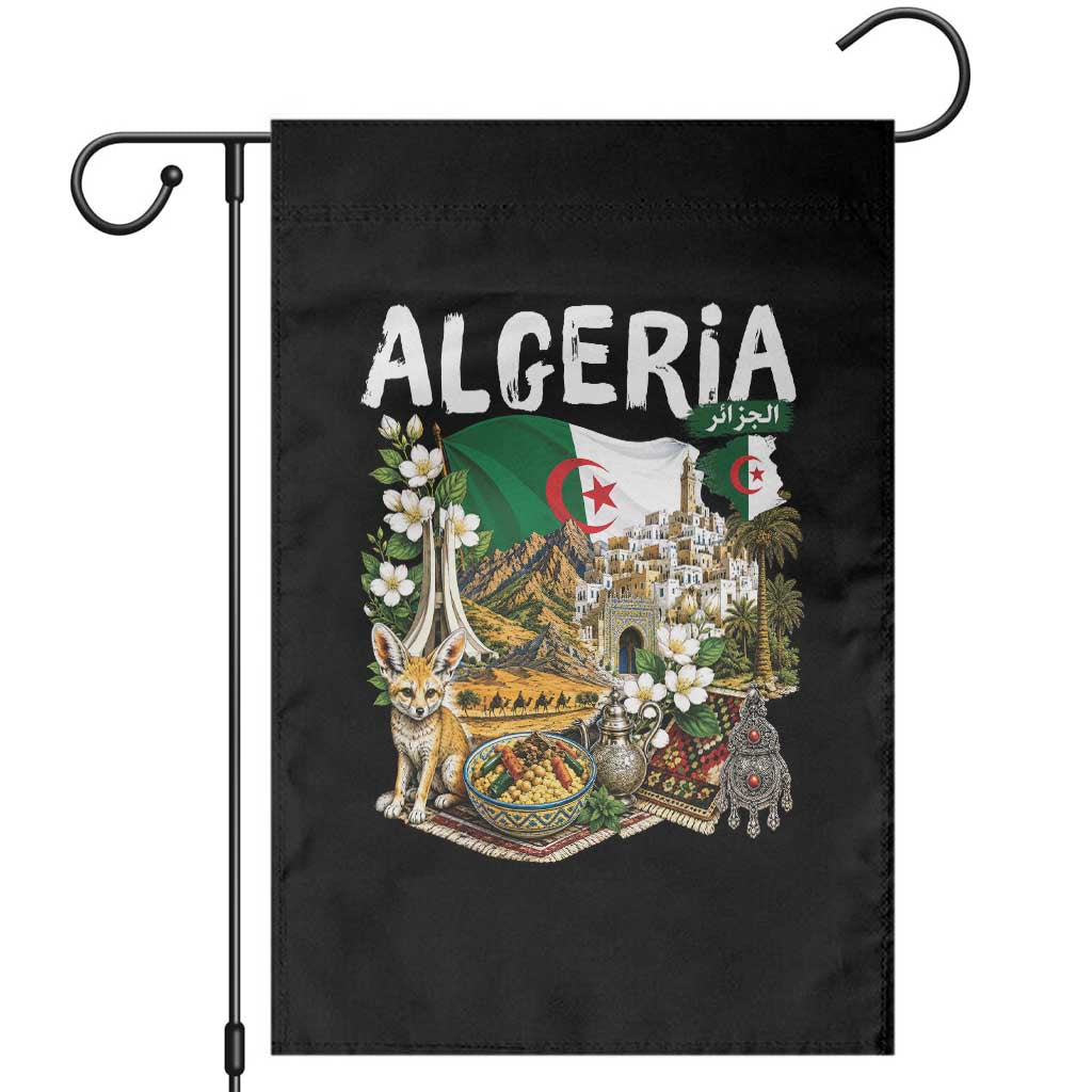 Algeria Algerian Culture and Landmarks Collage Graphic Garden Flag Proud Fennec Fox Heritage and Arabic Calligraphy