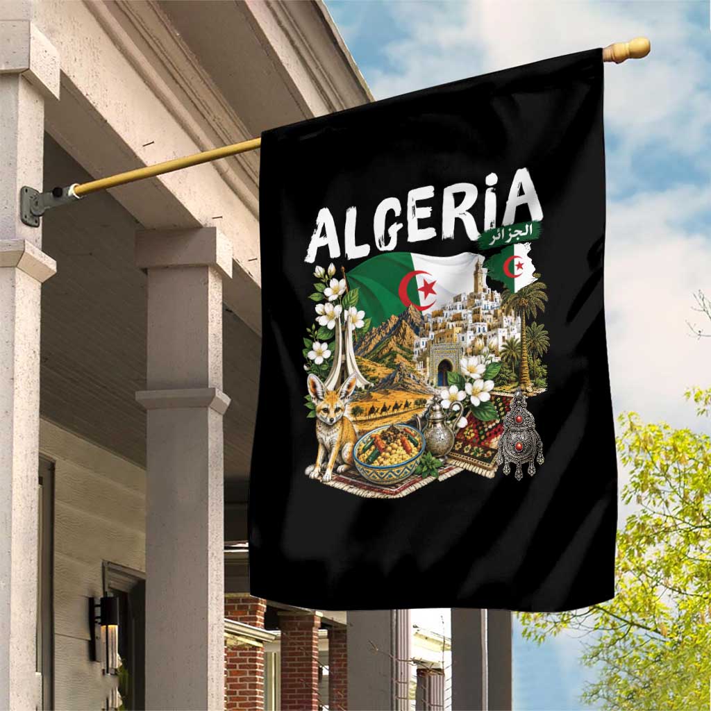 Algeria Algerian Culture and Landmarks Collage Graphic Garden Flag Proud Fennec Fox Heritage and Arabic Calligraphy