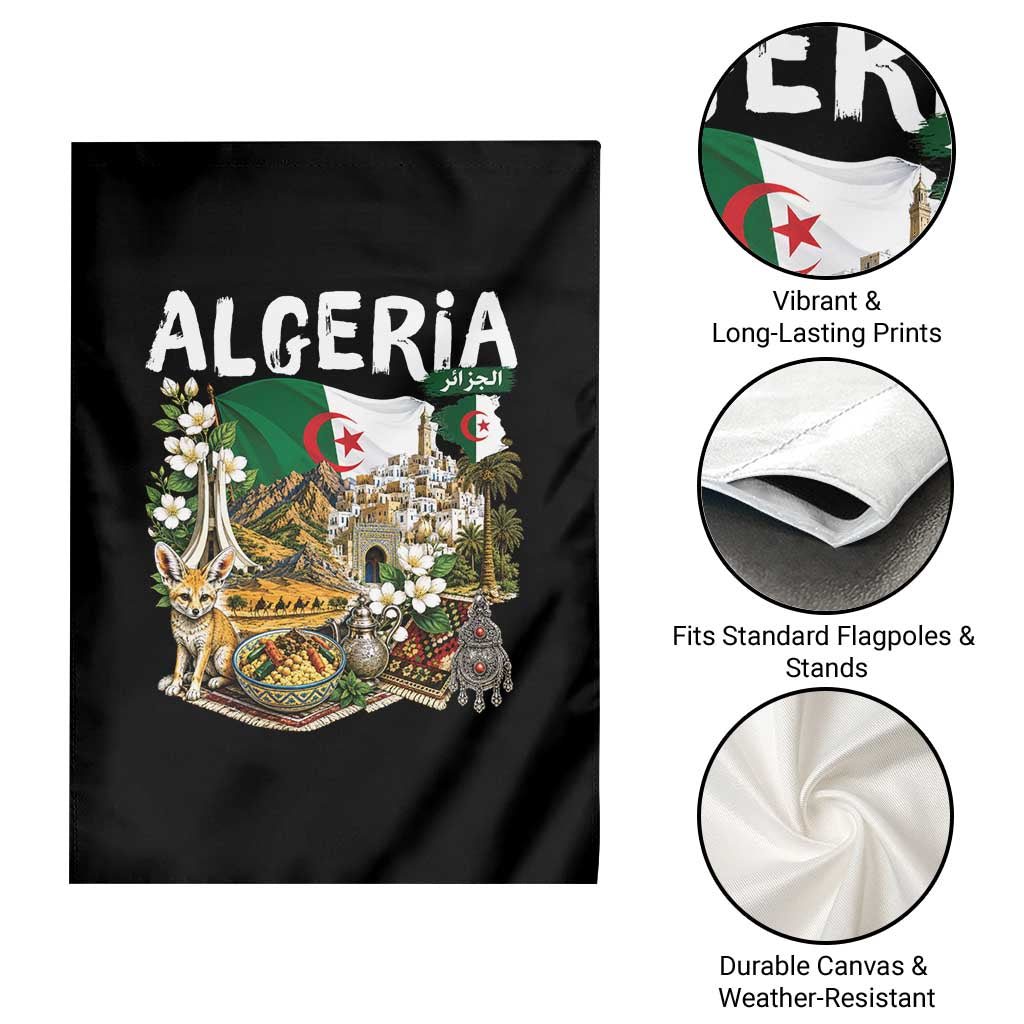Algeria Algerian Culture and Landmarks Collage Graphic Garden Flag Proud Fennec Fox Heritage and Arabic Calligraphy