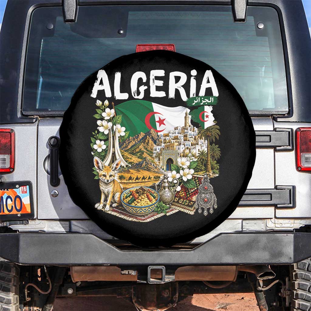 Algeria Algerian Culture and Landmarks Collage Graphic Spare Tire Cover Proud Fennec Fox Heritage and Arabic Calligraphy