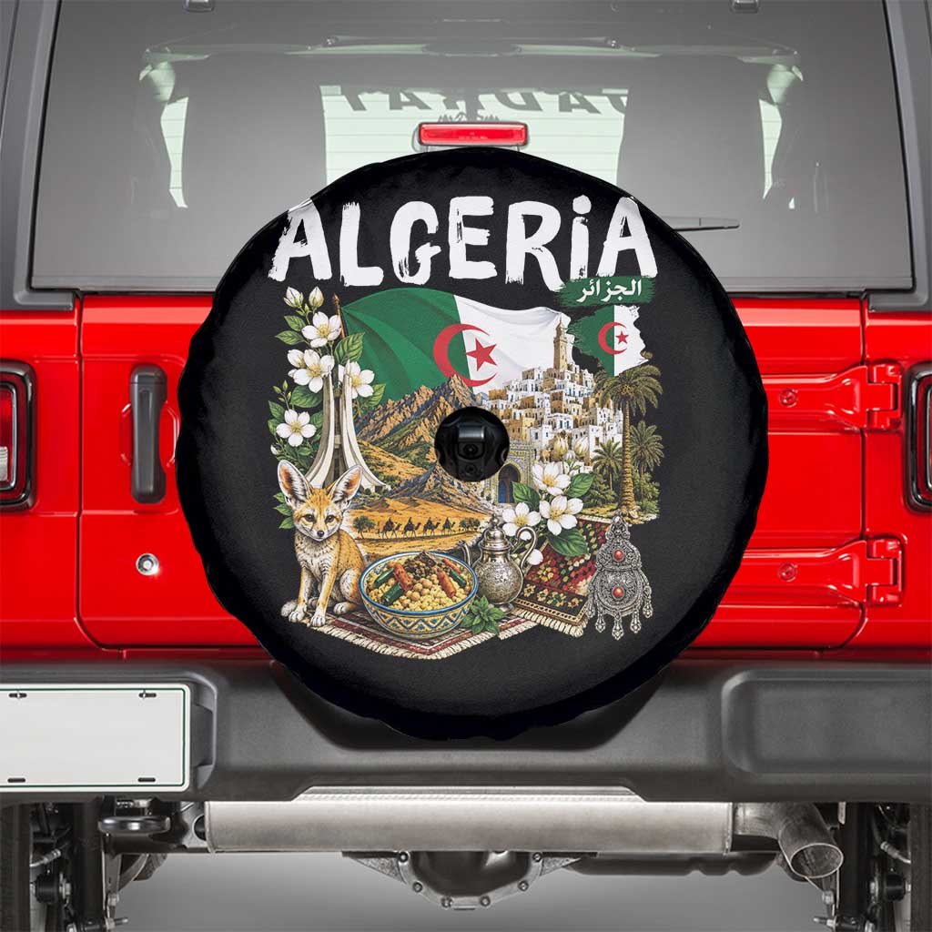 Algeria Algerian Culture and Landmarks Collage Graphic Spare Tire Cover Proud Fennec Fox Heritage and Arabic Calligraphy