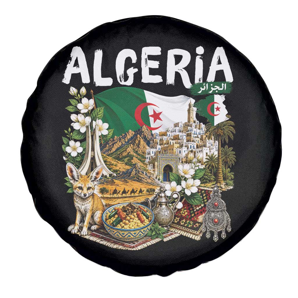 Algeria Algerian Culture and Landmarks Collage Graphic Spare Tire Cover Proud Fennec Fox Heritage and Arabic Calligraphy