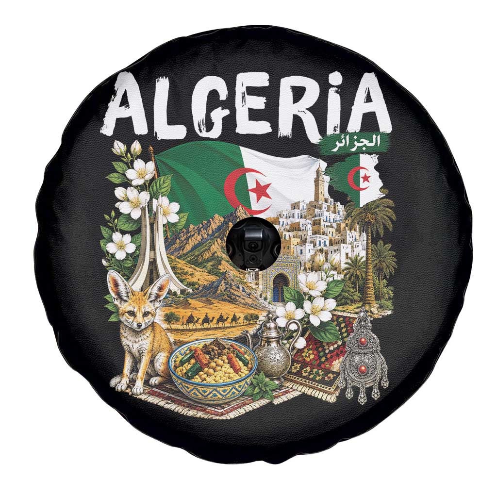 Algeria Algerian Culture and Landmarks Collage Graphic Spare Tire Cover Proud Fennec Fox Heritage and Arabic Calligraphy