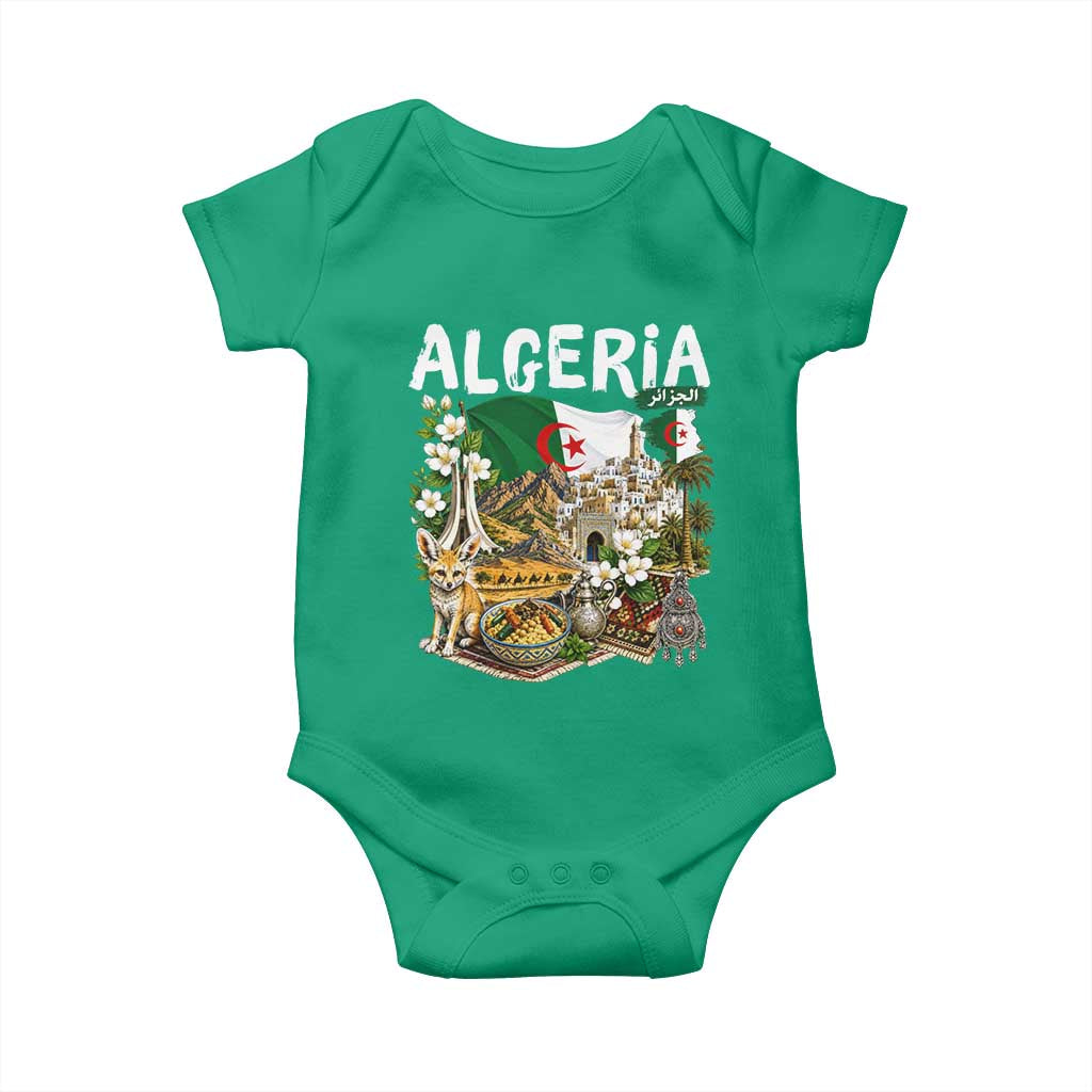 Algeria Algerian Culture and Landmarks Collage Graphic Baby Onesie Proud Fennec Fox Heritage and Arabic Calligraphy