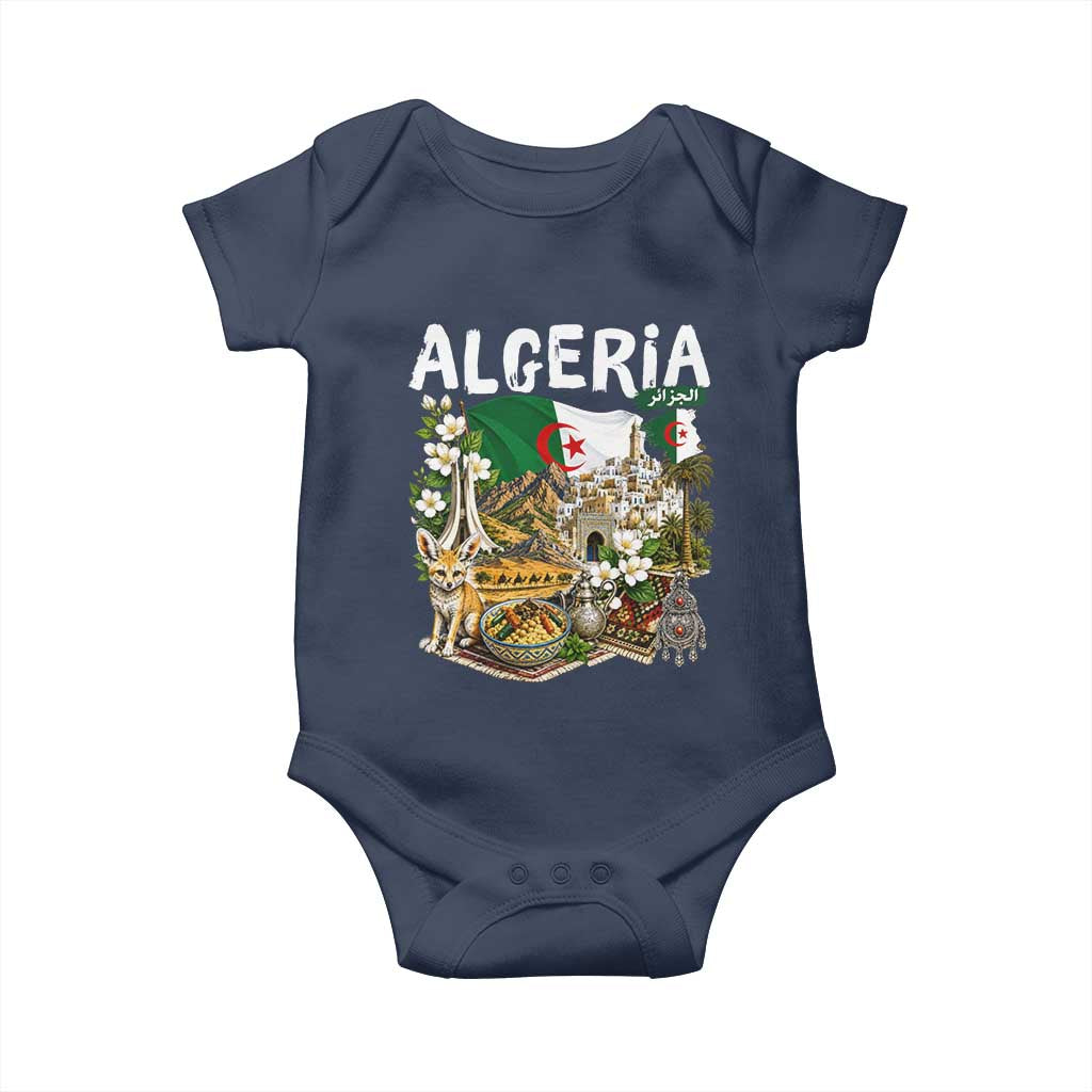 Algeria Algerian Culture and Landmarks Collage Graphic Baby Onesie Proud Fennec Fox Heritage and Arabic Calligraphy