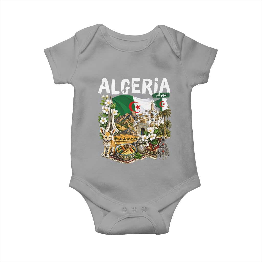 Algeria Algerian Culture and Landmarks Collage Graphic Baby Onesie Proud Fennec Fox Heritage and Arabic Calligraphy