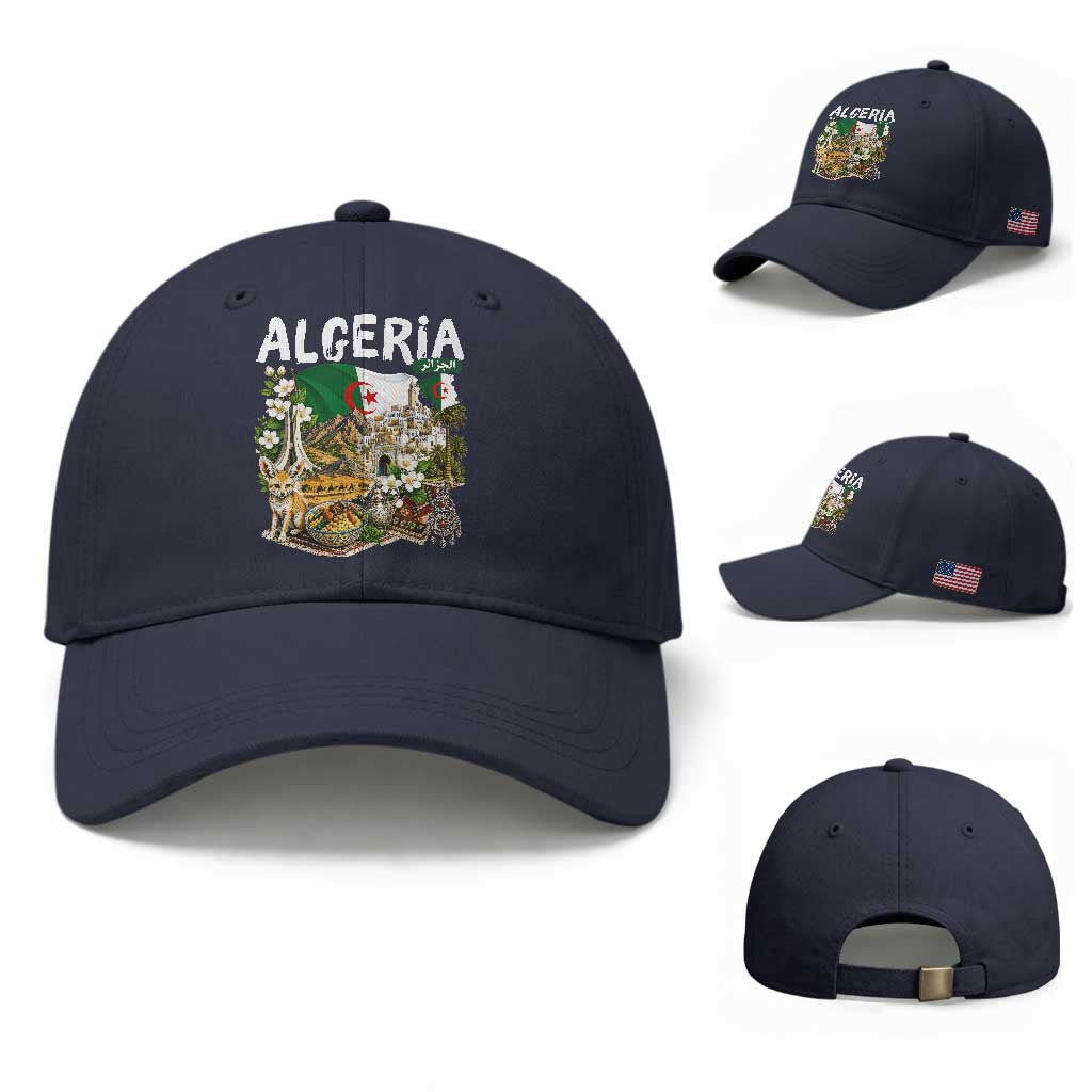 Algeria Algerian Culture and Landmarks Collage Graphic Baseball Cap Proud Fennec Fox Heritage and Arabic Calligraphy