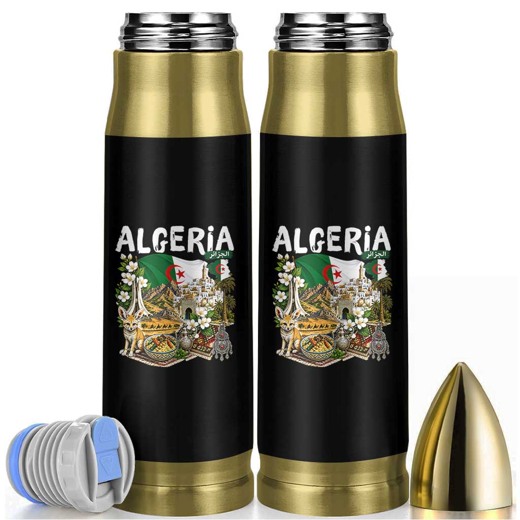 Algeria Algerian Culture and Landmarks Collage Graphic Bullet Tumbler Proud Fennec Fox Heritage and Arabic Calligraphy