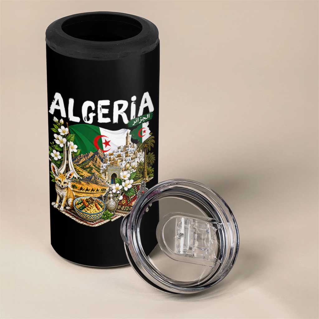 Algeria Algerian Culture and Landmarks Collage Graphic 4 in 1 Can Cooler Tumbler Proud Fennec Fox Heritage and Arabic Calligraphy