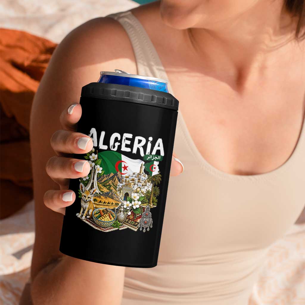 Algeria Algerian Culture and Landmarks Collage Graphic 4 in 1 Can Cooler Tumbler Proud Fennec Fox Heritage and Arabic Calligraphy