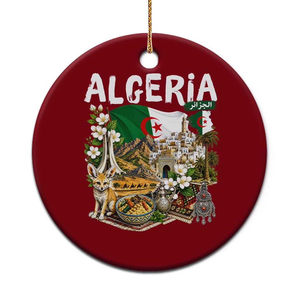 Algeria Algerian Culture and Landmarks Collage Graphic Ceramic Ornament Proud Fennec Fox Heritage and Arabic Calligraphy