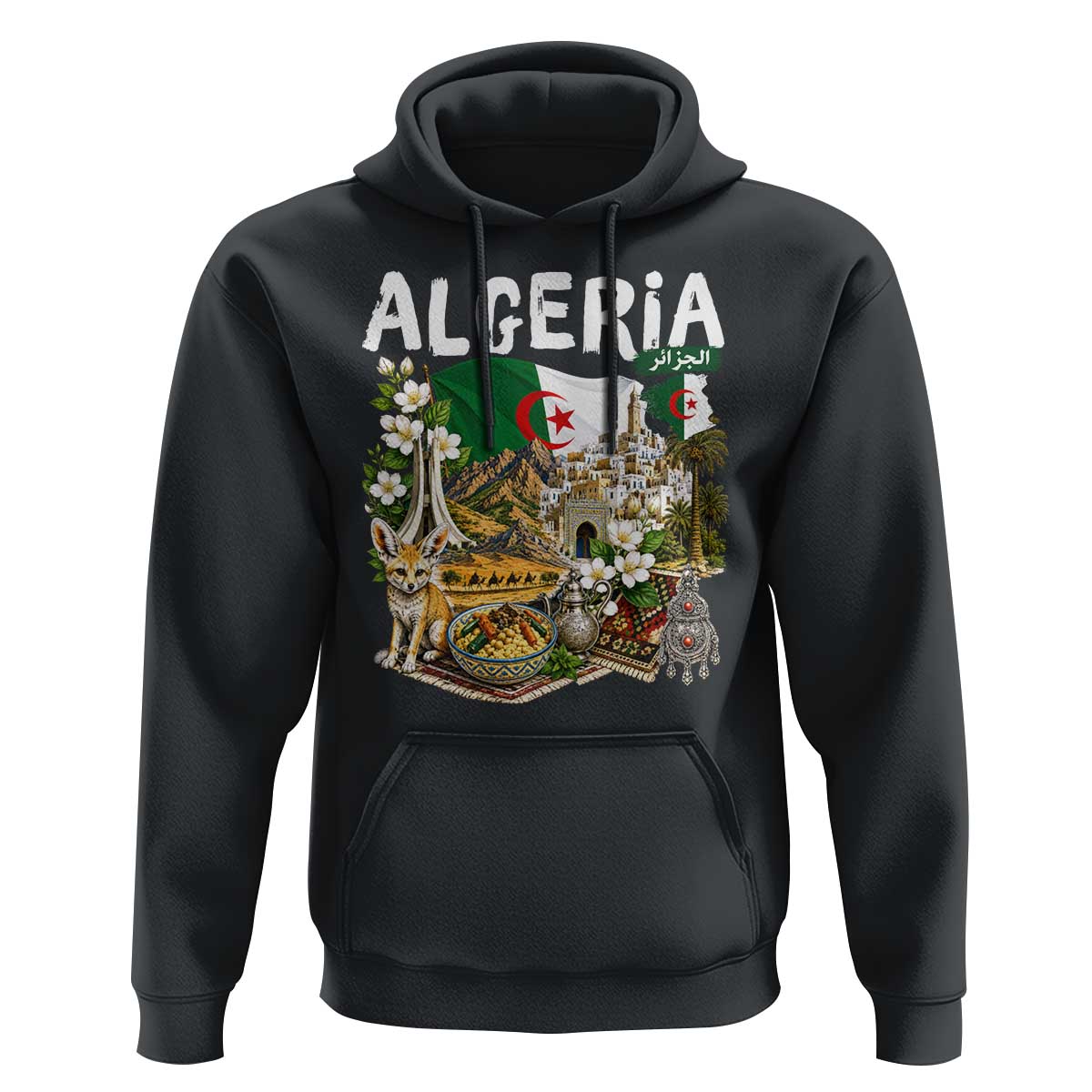 Algeria Algerian Culture and Landmarks Collage Graphic Hoodie Proud Fennec Fox Heritage and Arabic Calligraphy