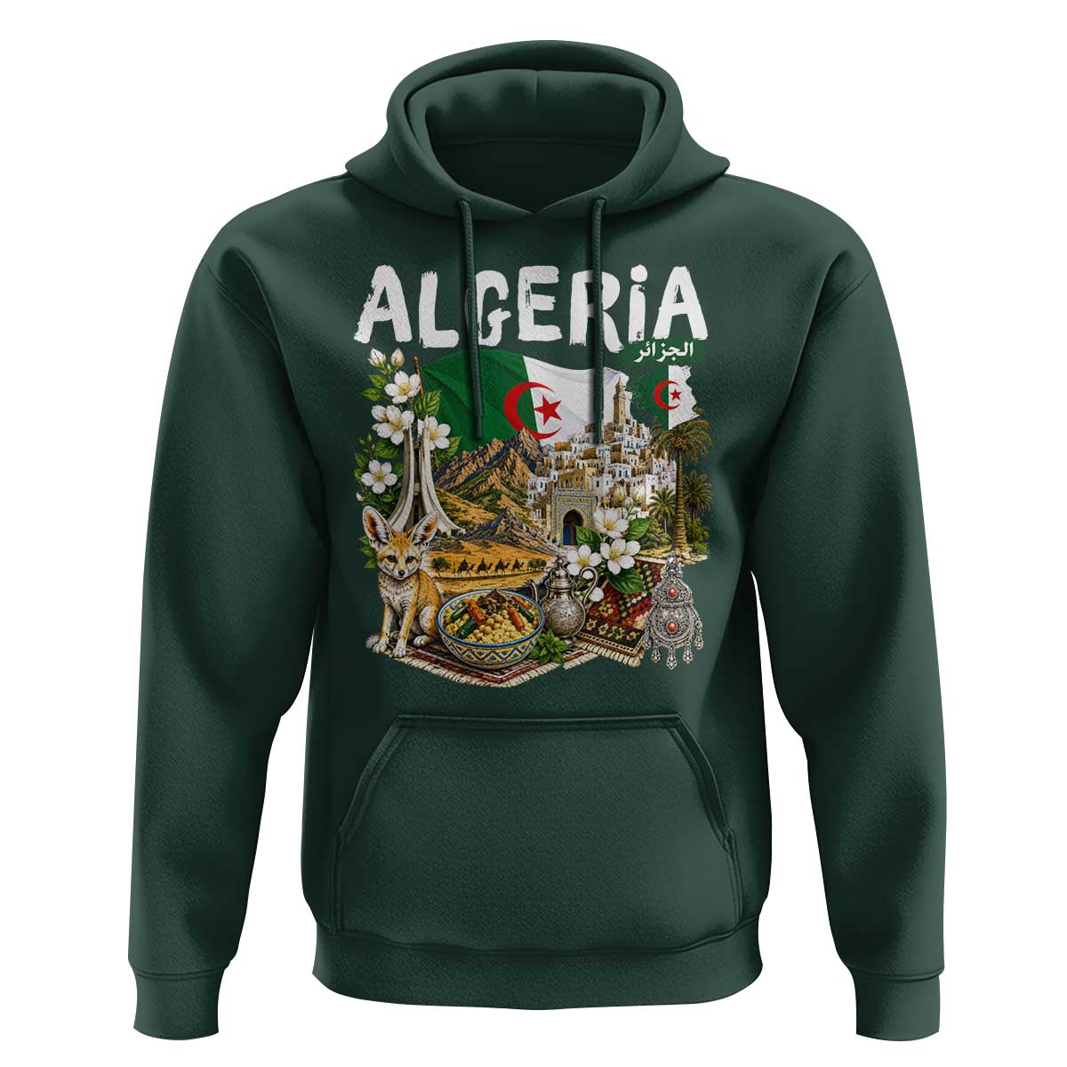 Algeria Algerian Culture and Landmarks Collage Graphic Hoodie Proud Fennec Fox Heritage and Arabic Calligraphy