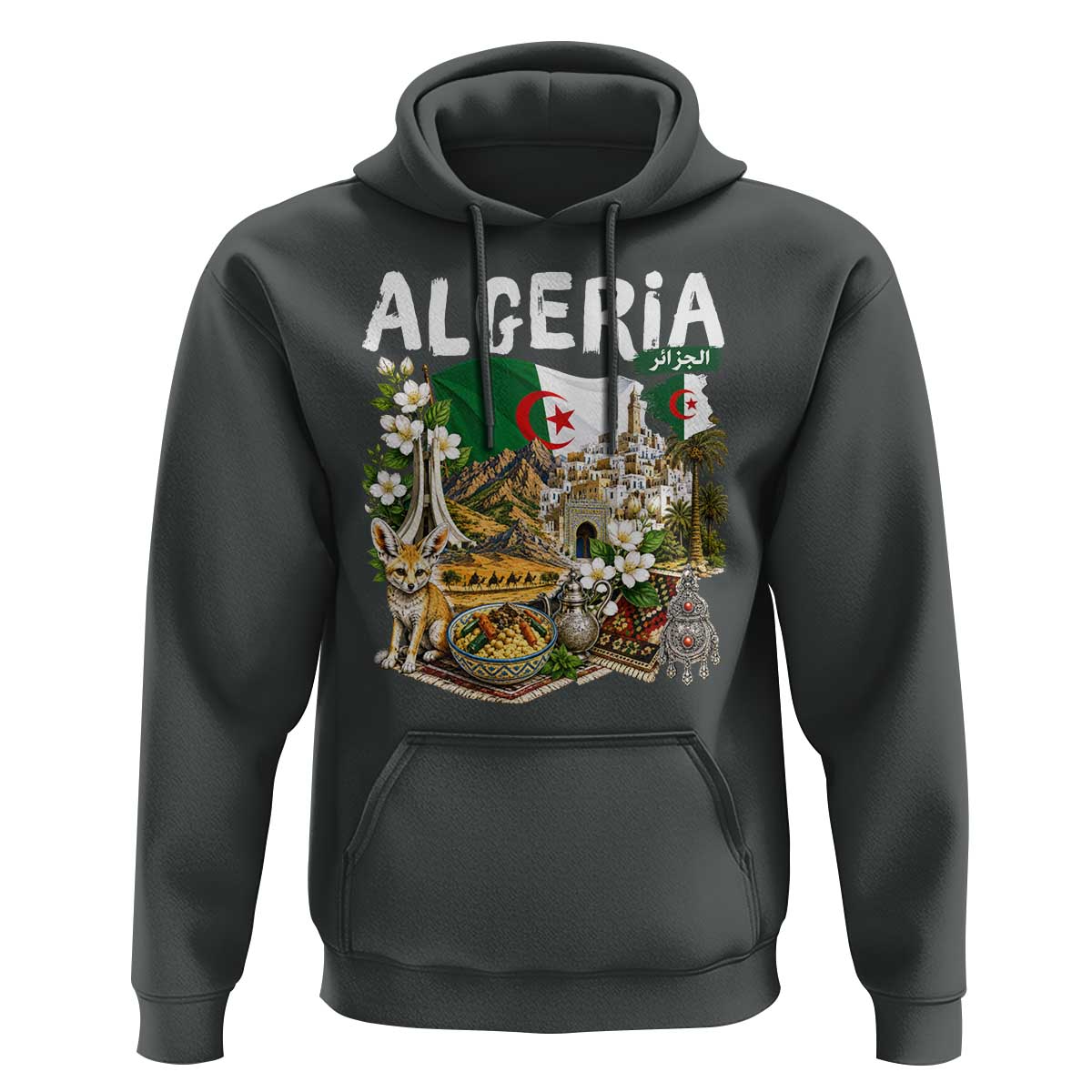 Algeria Algerian Culture and Landmarks Collage Graphic Hoodie Proud Fennec Fox Heritage and Arabic Calligraphy