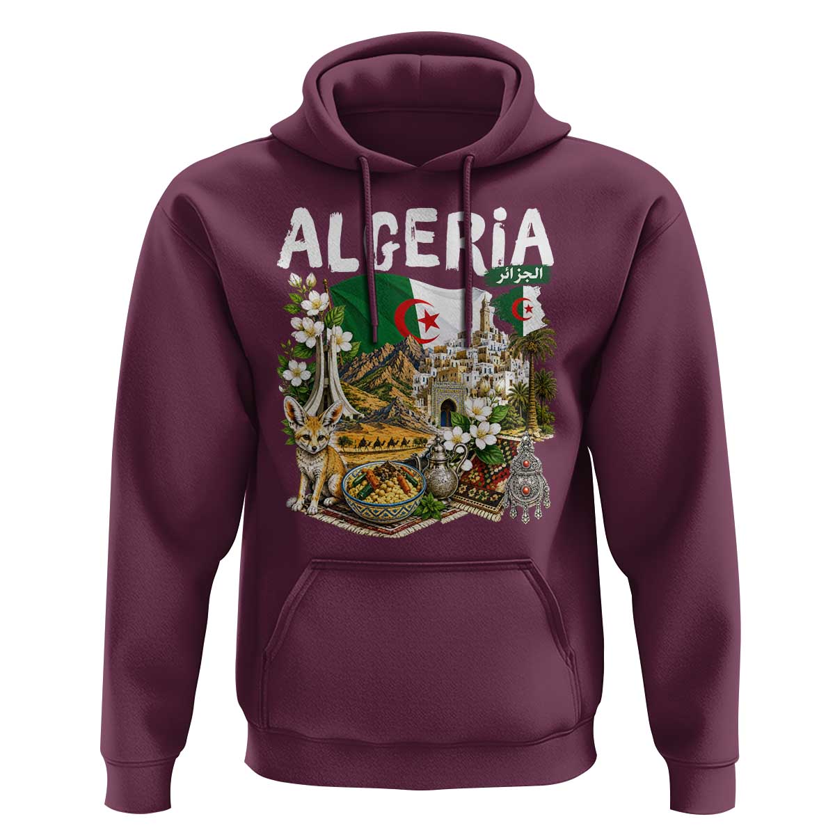 Algeria Algerian Culture and Landmarks Collage Graphic Hoodie Proud Fennec Fox Heritage and Arabic Calligraphy