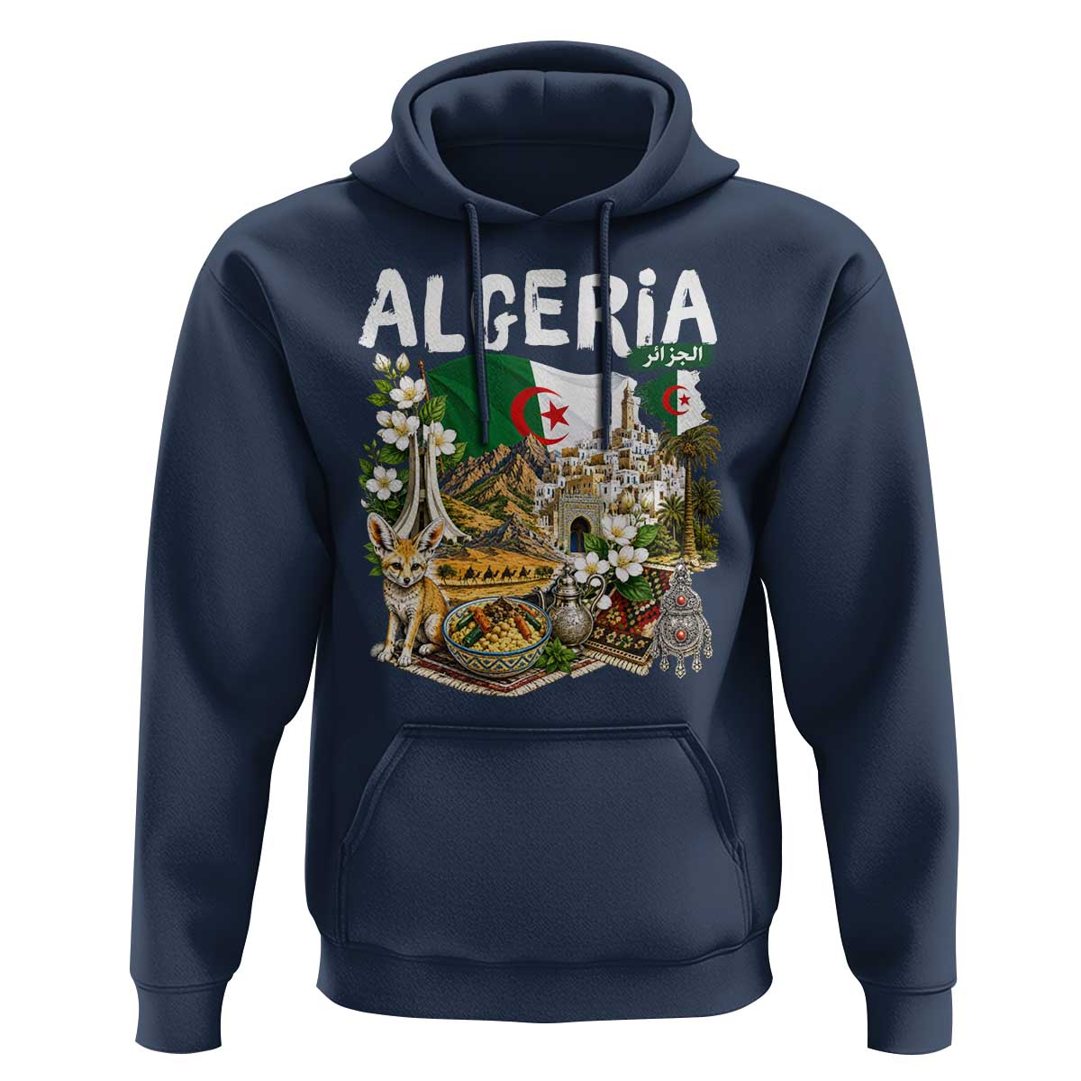 Algeria Algerian Culture and Landmarks Collage Graphic Hoodie Proud Fennec Fox Heritage and Arabic Calligraphy