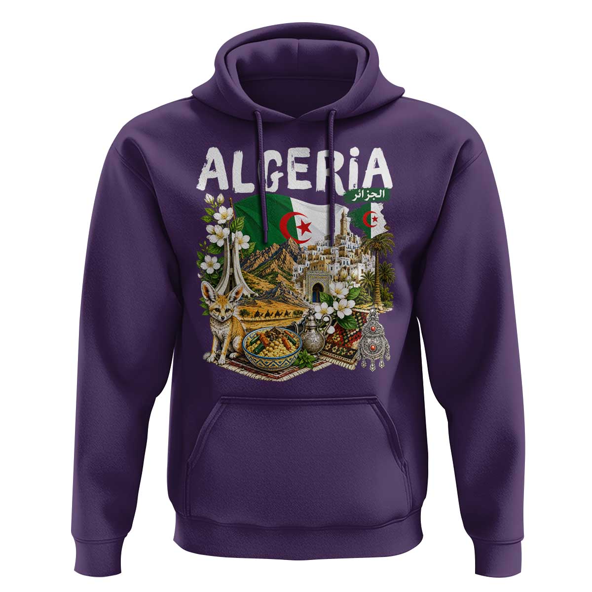 Algeria Algerian Culture and Landmarks Collage Graphic Hoodie Proud Fennec Fox Heritage and Arabic Calligraphy