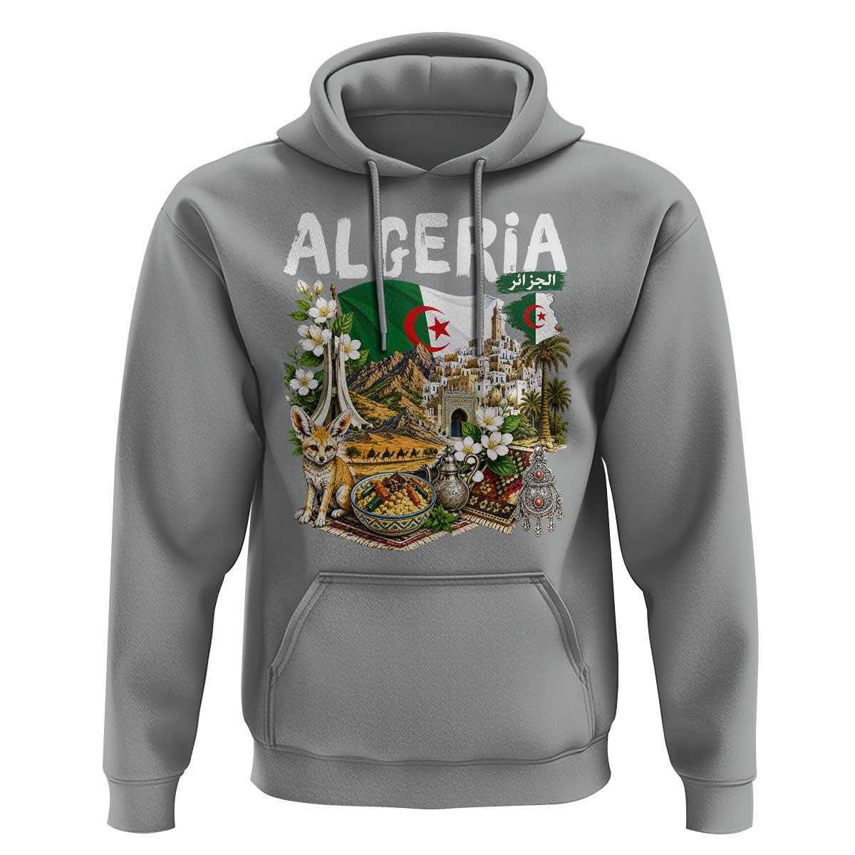 Algeria Algerian Culture and Landmarks Collage Graphic Hoodie Proud Fennec Fox Heritage and Arabic Calligraphy