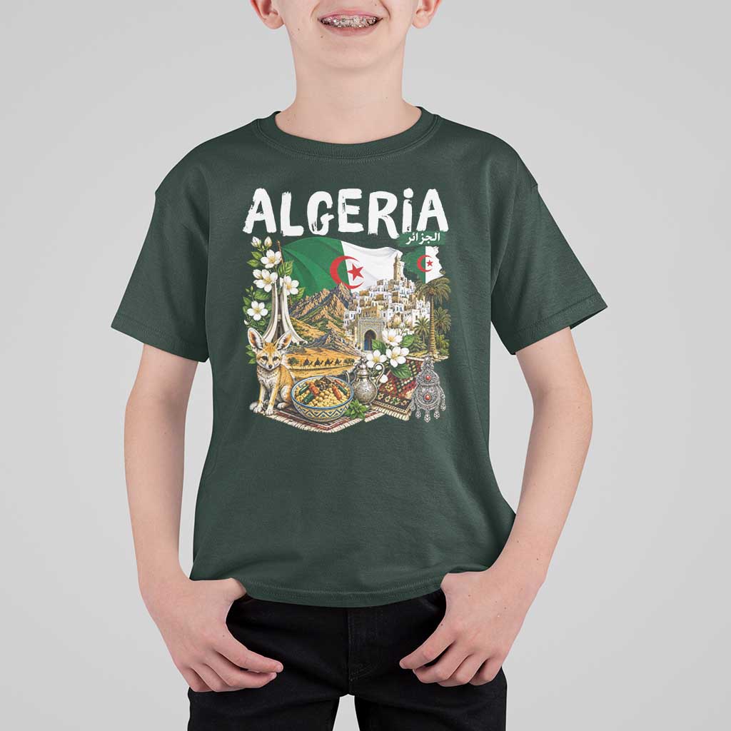 Algeria Algerian Culture and Landmarks Collage Graphic T Shirt For Kid Proud Fennec Fox Heritage and Arabic Calligraphy