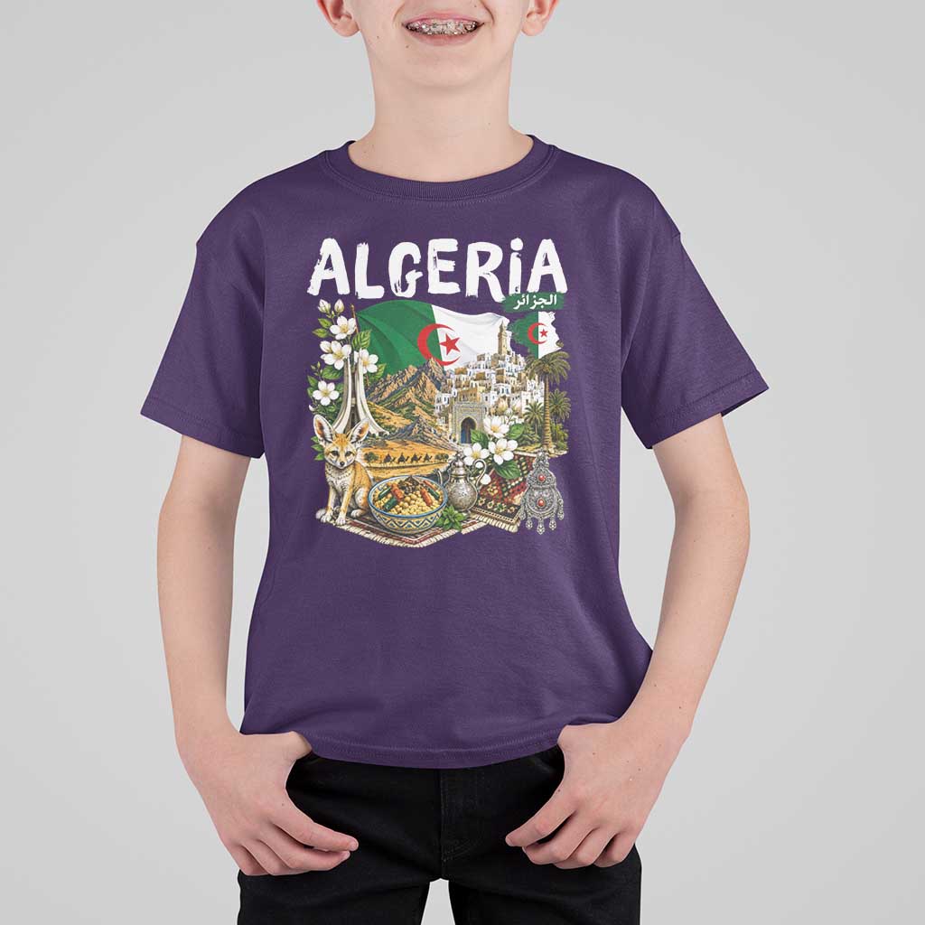 Algeria Algerian Culture and Landmarks Collage Graphic T Shirt For Kid Proud Fennec Fox Heritage and Arabic Calligraphy