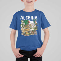 Algeria Algerian Culture and Landmarks Collage Graphic T Shirt For Kid Proud Fennec Fox Heritage and Arabic Calligraphy