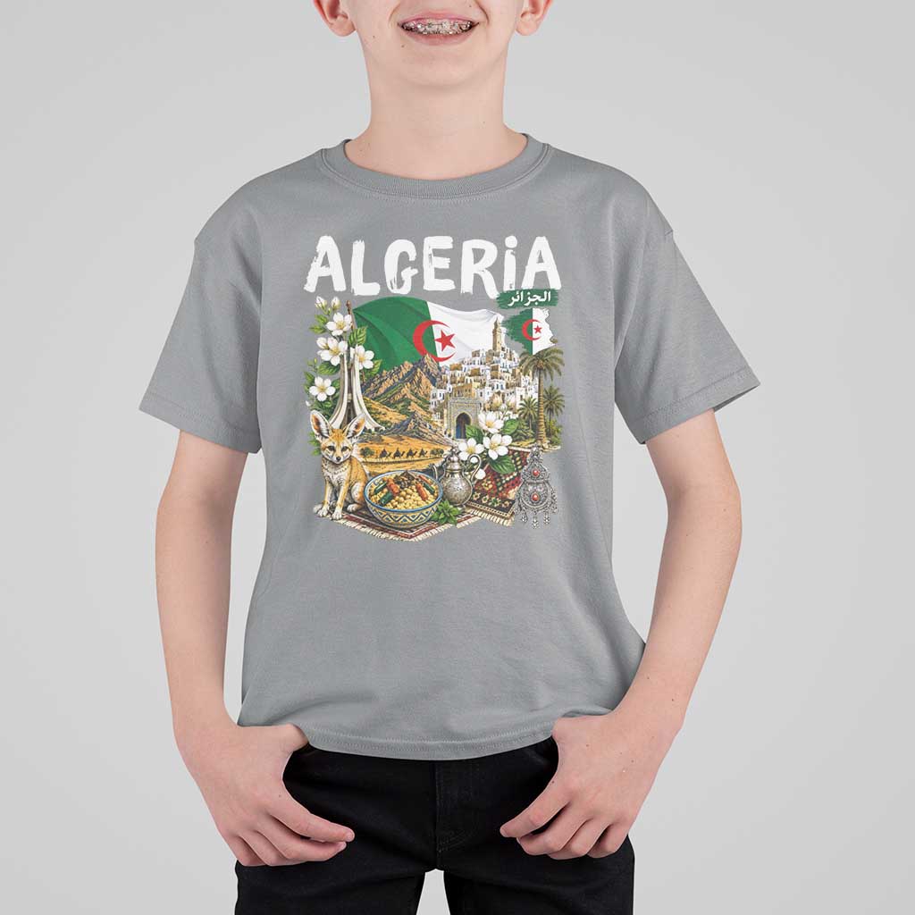 Algeria Algerian Culture and Landmarks Collage Graphic T Shirt For Kid Proud Fennec Fox Heritage and Arabic Calligraphy