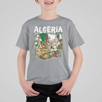 Algeria Algerian Culture and Landmarks Collage Graphic T Shirt For Kid Proud Fennec Fox Heritage and Arabic Calligraphy