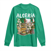 Algeria Algerian Culture and Landmarks Collage Graphic Long Sleeve Shirt Proud Fennec Fox Heritage and Arabic Calligraphy