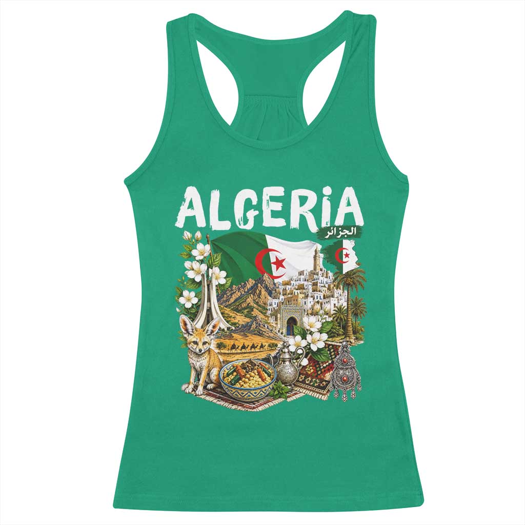 Algeria Algerian Culture and Landmarks Collage Graphic Racerback Tank Top Proud Fennec Fox Heritage and Arabic Calligraphy