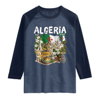Algeria Algerian Culture and Landmarks Collage Graphic Raglan Shirt Proud Fennec Fox Heritage and Arabic Calligraphy
