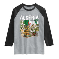 Algeria Algerian Culture and Landmarks Collage Graphic Raglan Shirt Proud Fennec Fox Heritage and Arabic Calligraphy