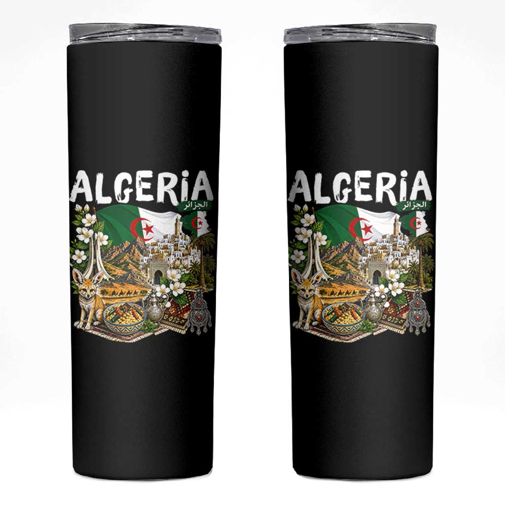 Algeria Algerian Culture and Landmarks Collage Graphic Skinny Tumbler Proud Fennec Fox Heritage and Arabic Calligraphy