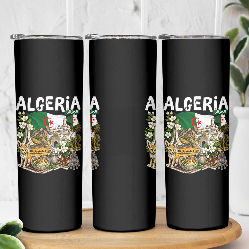 Algeria Algerian Culture and Landmarks Collage Graphic Skinny Tumbler Proud Fennec Fox Heritage and Arabic Calligraphy