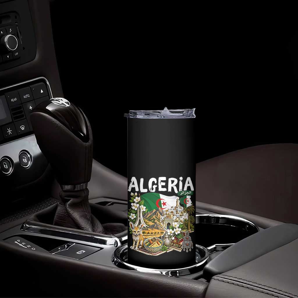 Algeria Algerian Culture and Landmarks Collage Graphic Skinny Tumbler Proud Fennec Fox Heritage and Arabic Calligraphy
