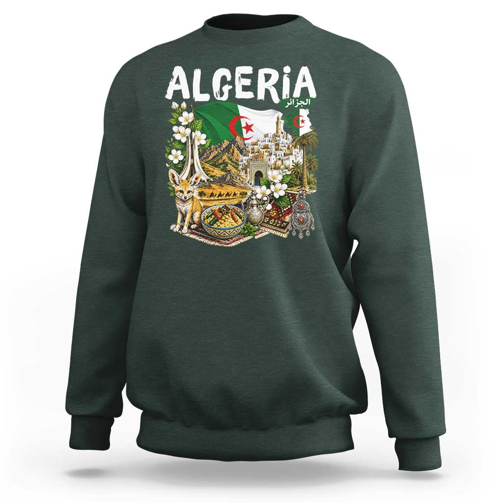 Algeria Algerian Culture and Landmarks Collage Graphic Sweatshirt Proud Fennec Fox Heritage and Arabic Calligraphy