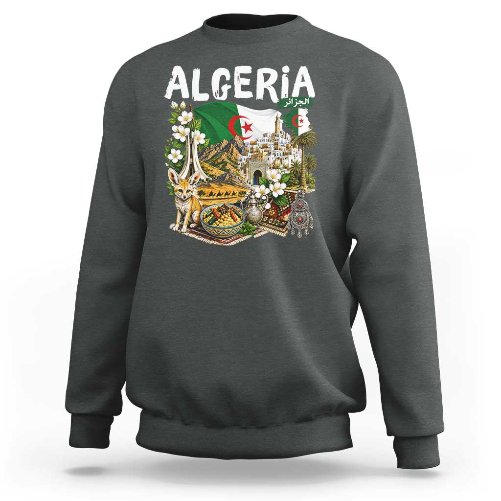 Algeria Algerian Culture and Landmarks Collage Graphic Sweatshirt Proud Fennec Fox Heritage and Arabic Calligraphy