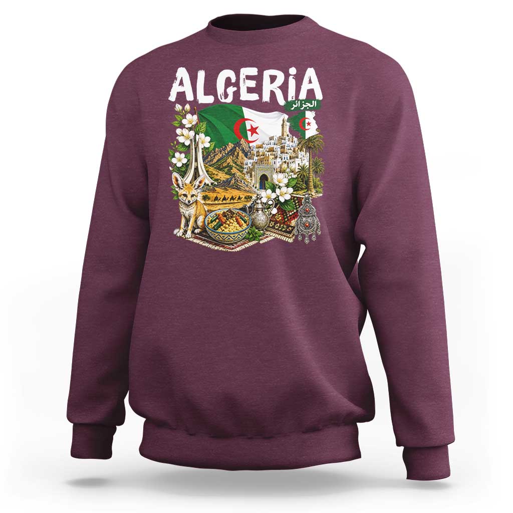 Algeria Algerian Culture and Landmarks Collage Graphic Sweatshirt Proud Fennec Fox Heritage and Arabic Calligraphy