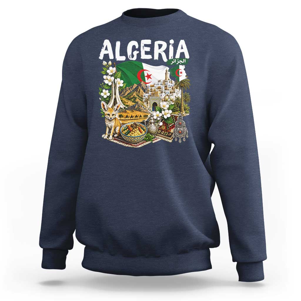 Algeria Algerian Culture and Landmarks Collage Graphic Sweatshirt Proud Fennec Fox Heritage and Arabic Calligraphy