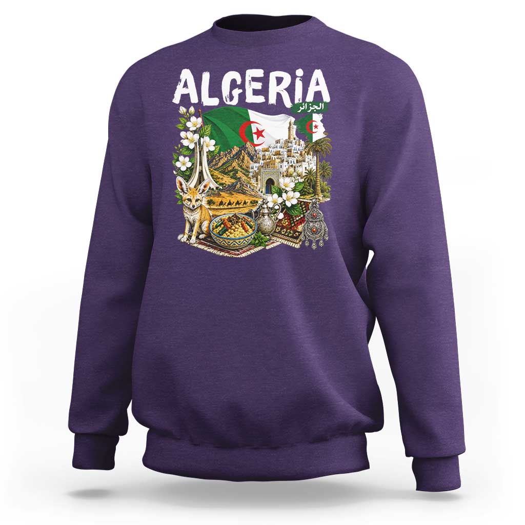 Algeria Algerian Culture and Landmarks Collage Graphic Sweatshirt Proud Fennec Fox Heritage and Arabic Calligraphy